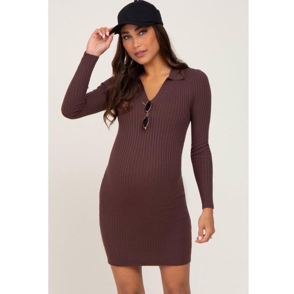 Brown Ribbed Knit Dress